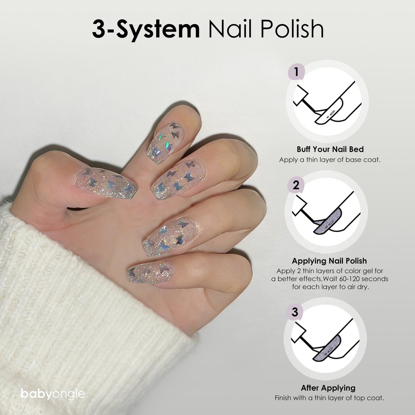 Babyongle Quick Dry Nail Polish for Nail Art - Silver Glittery Butterfly#133 - 14ML / 0.47FL.OZ